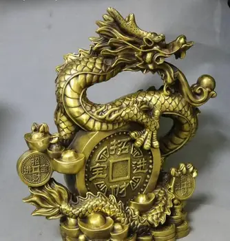 

Unique China Pure Bronze Wealth Dragon Dragons Loong Animal Yuanbao Coin Statue
