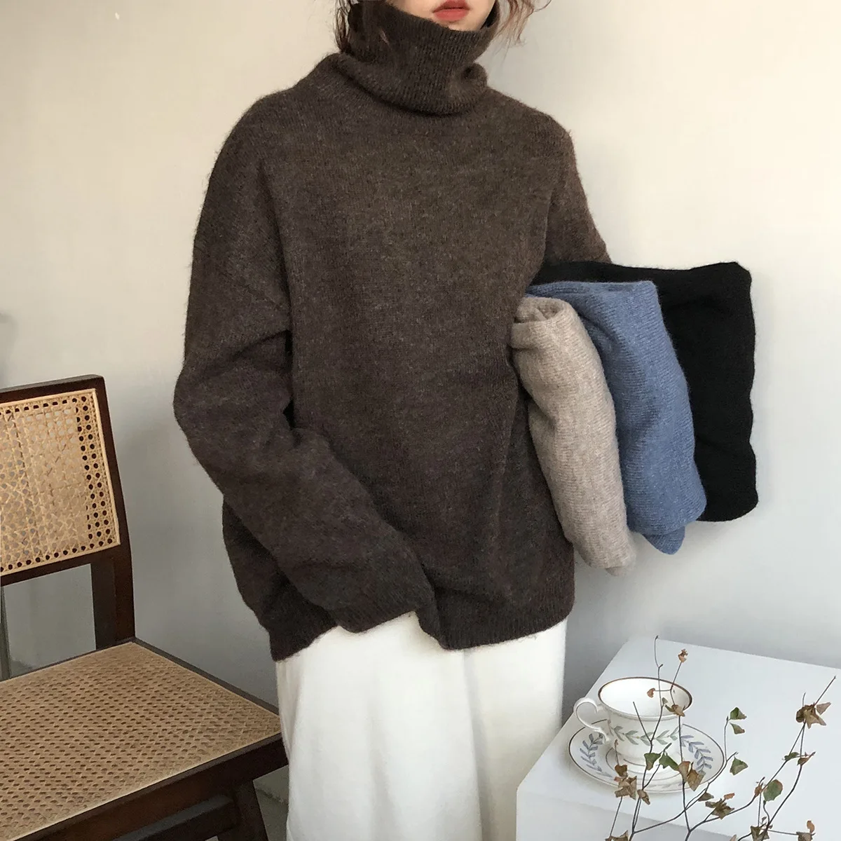 

Photo Shoot Korean-style Versatile Loose-Fit Dehaired Angora High Collar Soft Warm Thick Warm Sweater Women's