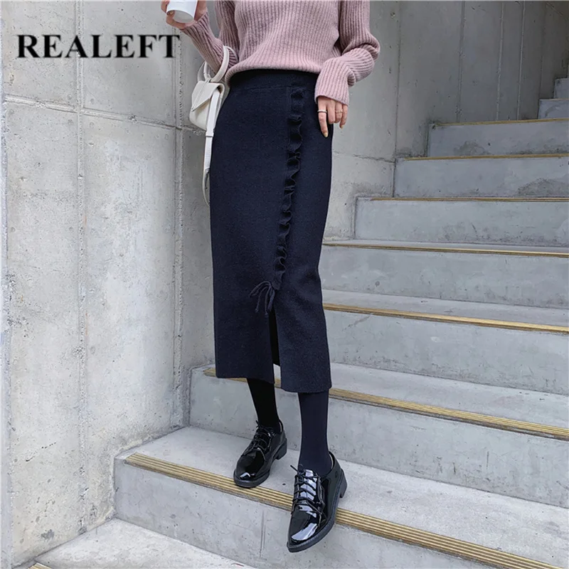 REALEFT/осенне-зимние женские вязаные прямые длинные юбки с оборками, с разрезом спереди, с высокой талией, Harajuku, тюлевые юбки до середины икры, женские