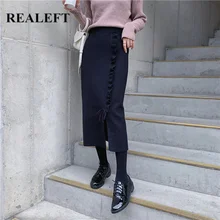 REALEFT/осенне-зимние женские вязаные прямые длинные юбки с оборками, с разрезом спереди, с высокой талией, Harajuku, тюлевые юбки до середины икры, женские