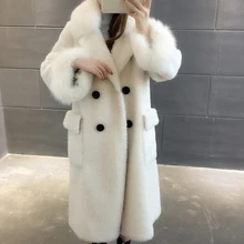 New Fur Sheep Sheared Cashmere Coat Women's Middle Long Fox Fur Collar Fur One Lamb Fur Jacket Fashion Warm Thick Overcoat