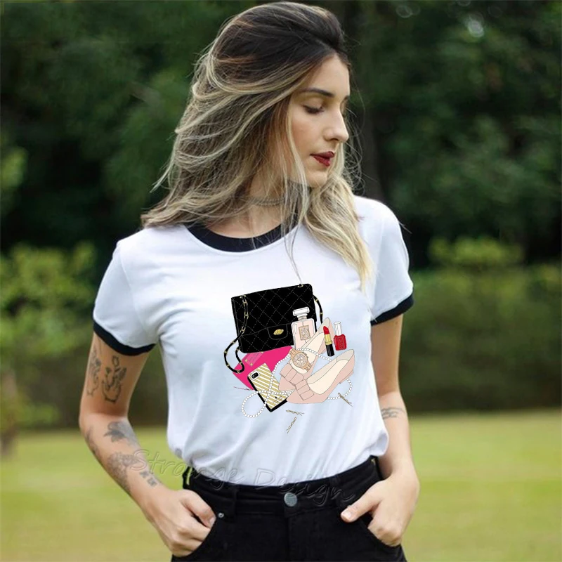 Летние иллюстрации Камера Сумка Духи цветы Vogue люксовый бренд футболка с принтом секция короткий рукав Tumblr футболка для женщин Топ - Цвет: 6