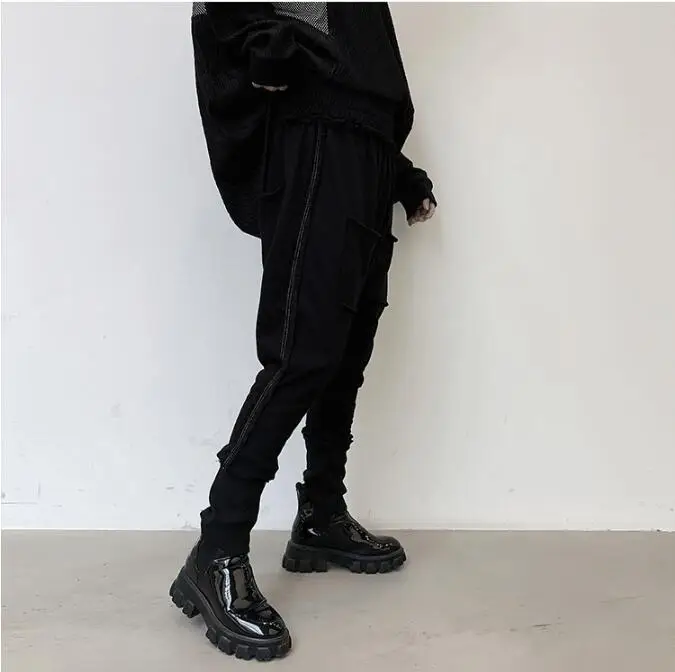Черный M-XL! Весенние Новые темные стильные мужские повседневные штаны-шаровары в стиле хип-хоп с необработанными краями - Цвет: Черный