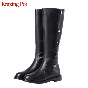 

Krazing Pot Korean hot popular cow leather boots metal decorations winter round toe warm black colors women thigh high boots L15