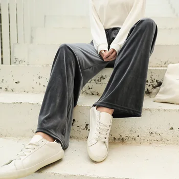 

Gold Velvet Pants High Waist Loose Black Bottoms Women Fashion Casual Soft Spring Autumn Clothes Large Size Office Lady Trousers