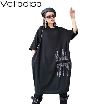 

Vefadisa Letter Print T-shirt Dress Women 2020 Summer Short Sleeve Dress Black Long T Shirt Knee-Length Women Dress QYF2084
