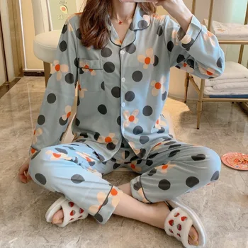

LYun Ladies pajamas spring long sleeve milk silk cotton pajamas ladies cute cardigan two-piece home service sweet pajamas XXL