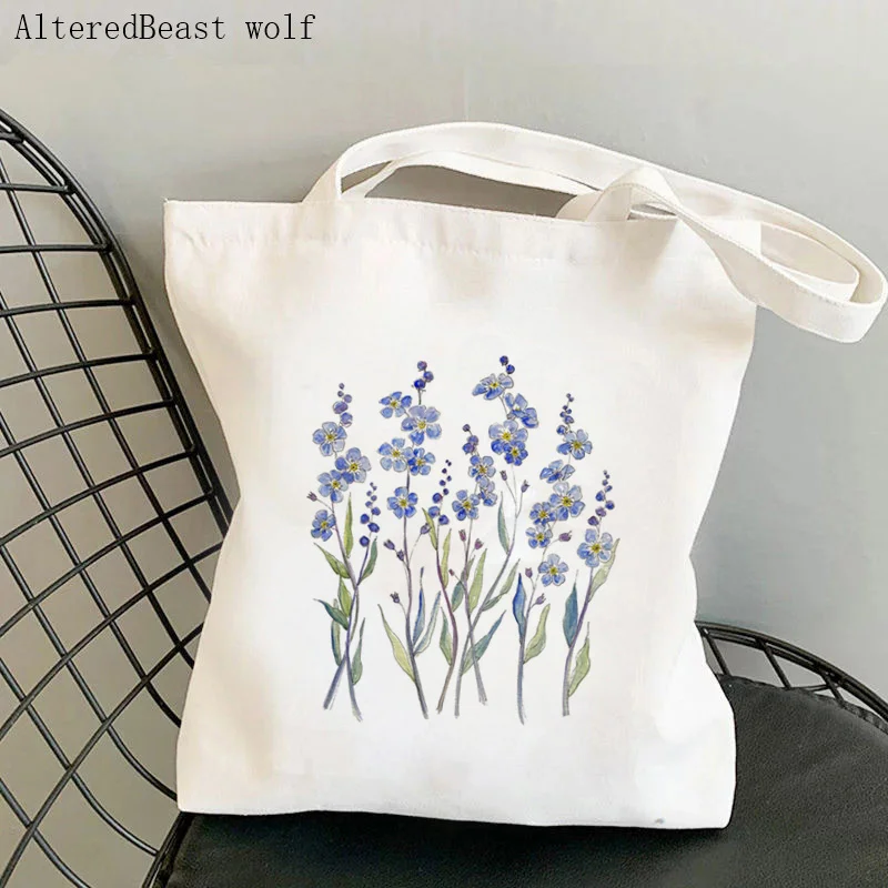 Women Shopper bag blue and purple cosmos flowers collection Bag Harajuku Shopping Canvas Bag girl handbag Tote Shoulder Lady Bag