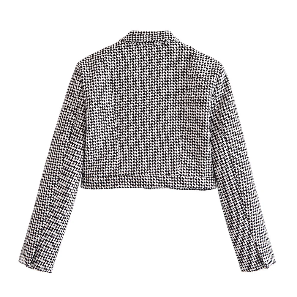 Retro French Style Green Check Plaid Weavon Cropped Blazer Women Notched Metal Buckle Buttons High Waist Suit Short Coat Outwear