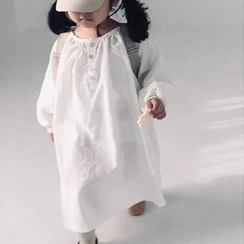 

children wear new baby girls autumn Korea round collar button long sleeve cotton loose leisure dress kids clothing