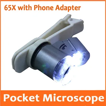 

65X LED Illuminated Pocket Cellphone Microscope Magnifier Jewelry Loupe Magnifying Glass with Lamp and Mobile Phone Clip Adapter