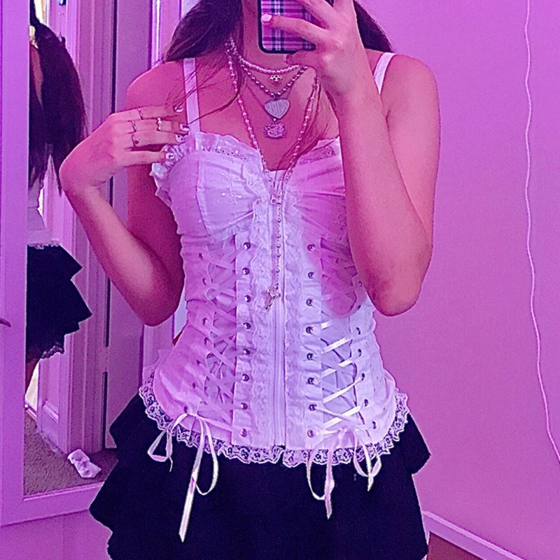E-girl кавайный корсет топ на молнии с белой кружевной отделкой бандажный