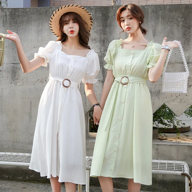 

Best Friend-French Retro College Style New Style Students Short Sleeve Square Collar Dress Women's with Belt