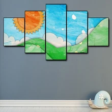 Canvas Art Oil Painting Blue sky & sun Rolling grass Cartoon Art Poster Picture Wall Decor Home Decoration For Kids Bedroom