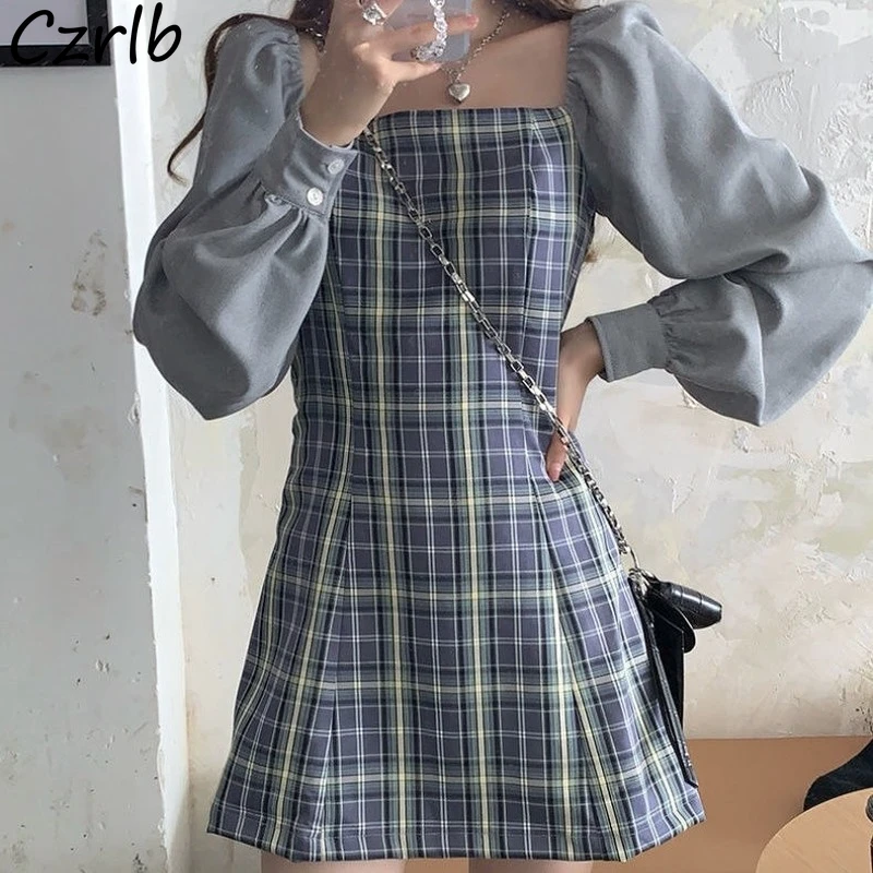 Mini Dresses Women Sweet Long Sleeve Ulzzang Dating Female Schoolgirls Spring Autumn Patchwork Holiday Retro Clothes Vintage Fit t shirt dress