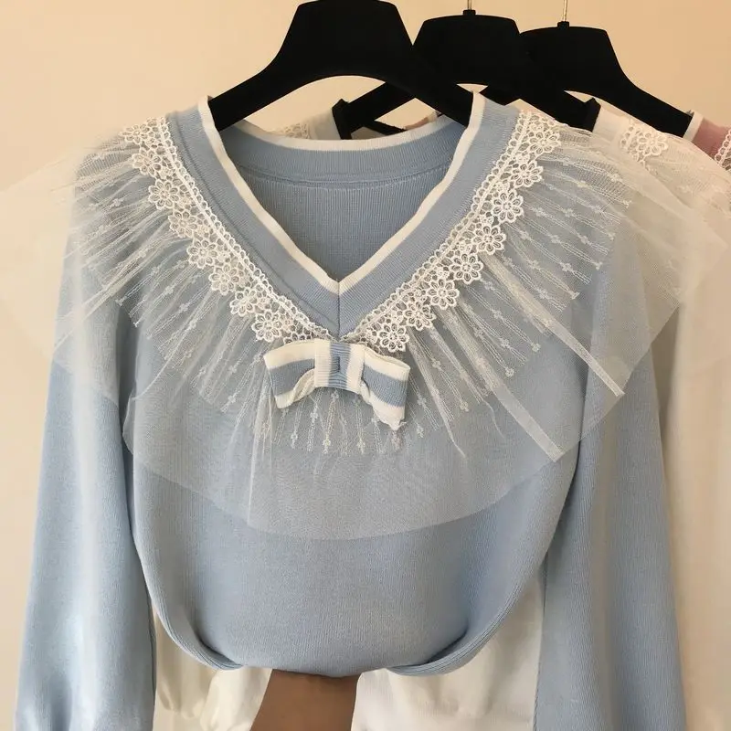 

2019 Autumn New Sweet College Wind Lace Stitching Lotus Leaf-side Bow Long-sleeved Sweater Girl Students Knitted Shirt Knitwear