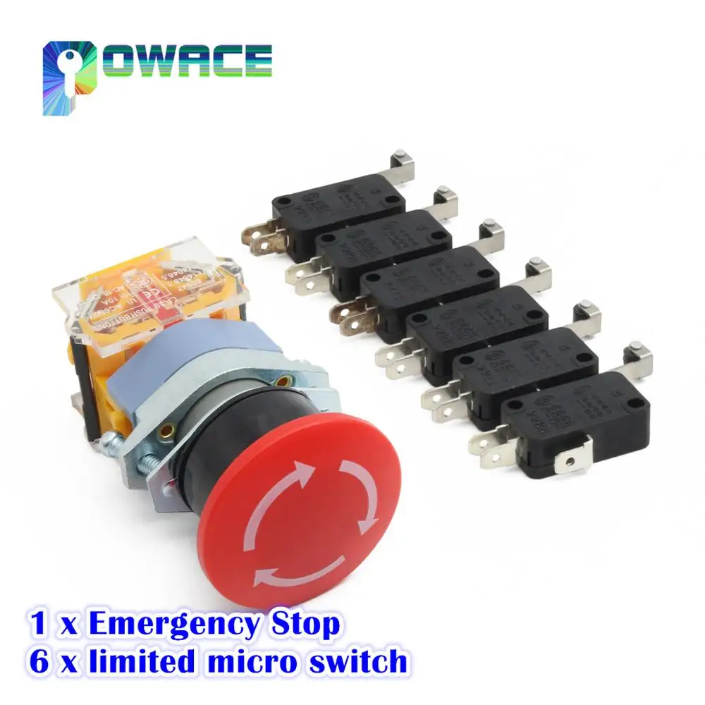 1Set Emergency E-Stop Red Sign 22mm 1 NO 1 NC 6Pcs End Stop Limited Micro Switch