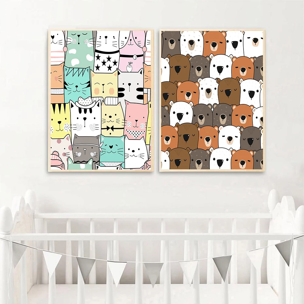 

Colorful Cartoon Cute Cat Wall Art Kids Girl Canvas Paintings Prints Nursery Bear Picture Home Decor for Livingroom Decoration