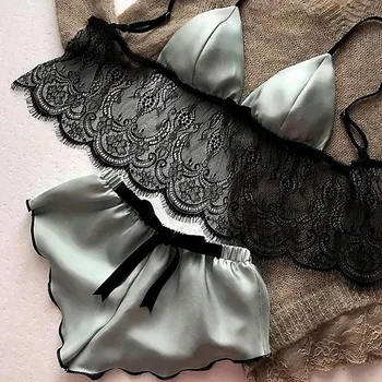 

Women's Underwear Sexy Silk Satin Lingerie Pajamas Crop Tops Bralette Sets