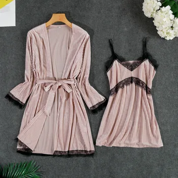 

Hollow Out Kimono Bathrobe Gown Young Lady 2PCS Robe Suit Nightgown Lace Patchwork Nightwear Sexy Perspective Lounge Nightdress