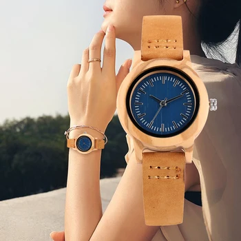 

Women's Wood Watches Handmade Blue Dial Ladies Wooden Watch Bracelet Black Leather Lightweight Girls Clock Reloj Mujer 2019