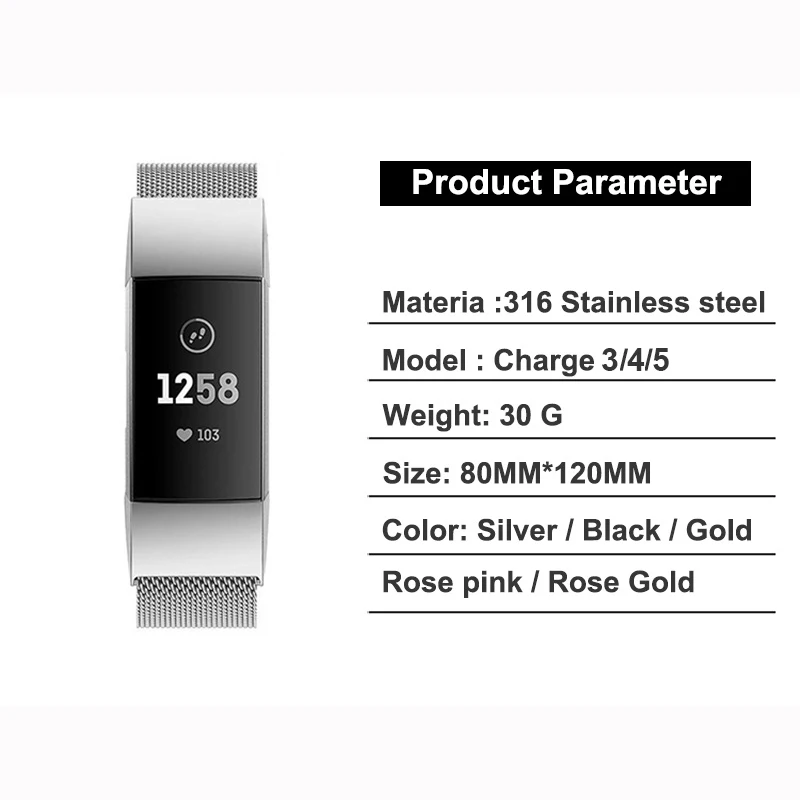Fitbit 충전 용 금속 스테인레스 스트랩 3 4 5 6 밴드 밀라노 마그네틱 Fitbit 충전 3 스트랩 손목 스트랩 용 스마트 팔찌
