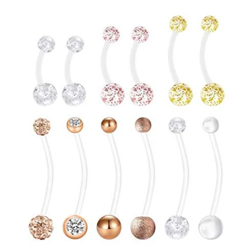 

JFORYOU 11-12pcs Belly Button Rings Navel Piercing Retainer 14G Clear Flexible Acrylic Bioflex Piercing Jewelry Curved