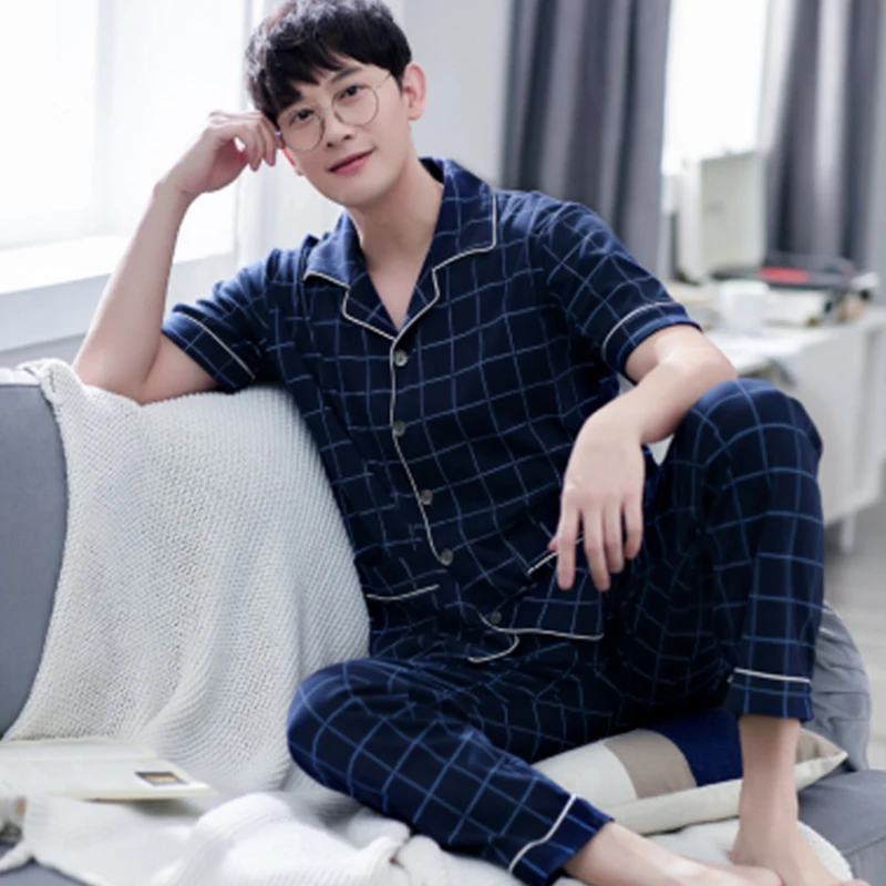 organic pyjamas Men's Cotton Sleepwear Set Loungewear Men Sleep Shirt Trousers Plaid pijama hombre invierno Winter Man Pajamas for Men cotton loungewear