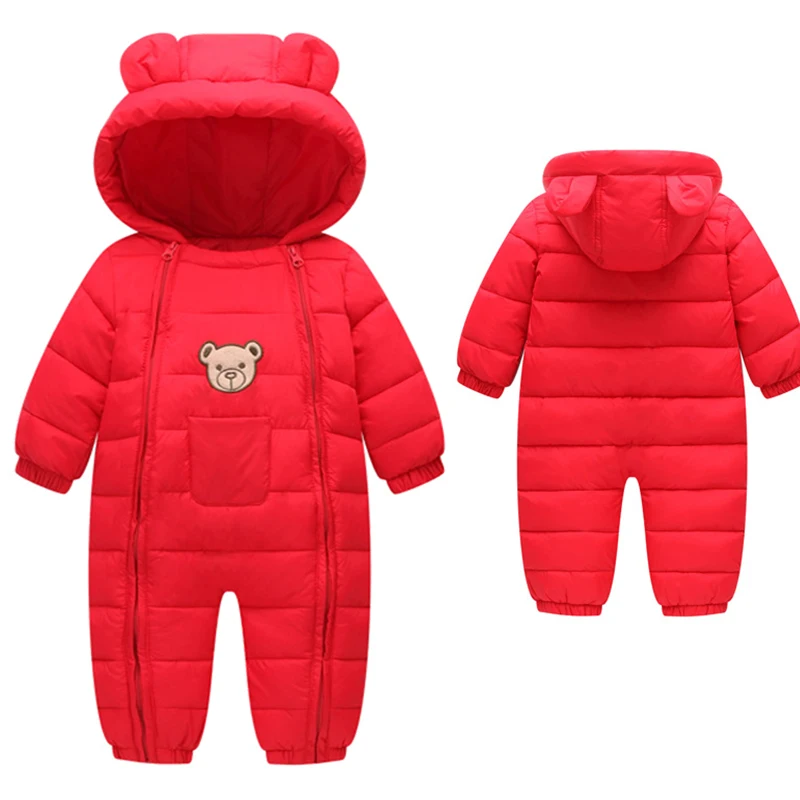 Одежда для новорожденных; осенне-зимний комбинезон; теплый зимний комбинезон из хлопка для мальчиков и девочек; комбинезоны с капюшоном для детей; Детский комбинезон унисекс - Цвет: Red