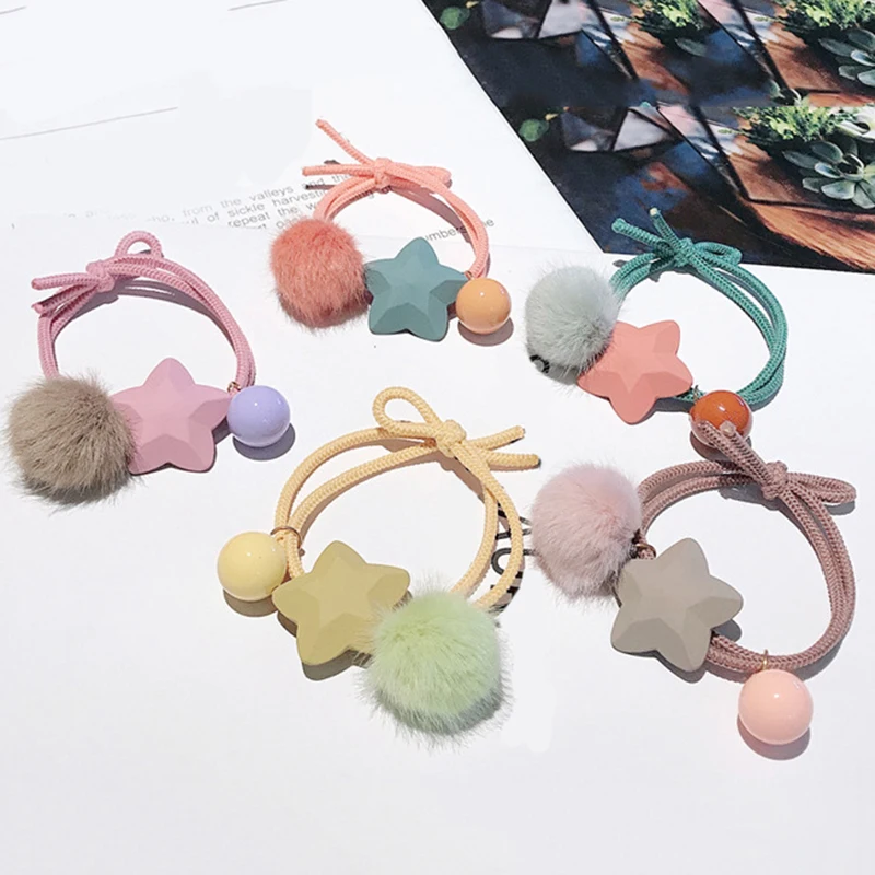 

Women Girls Plush Ball Hair Rope Acrylic Star Beaded Knotted Scrunchie Elastic Hair Bands Sweet Cute Fashion Hair Accessories