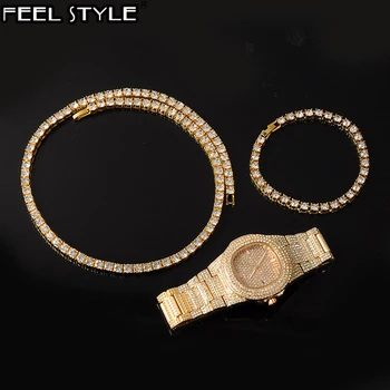

Hip Hop Gold Iced Out 3PCS kit Necklaces + Watch+Bracelet Rhinestone Bling Crystal Tennis Chain Necklace For Men Charm Jewelry