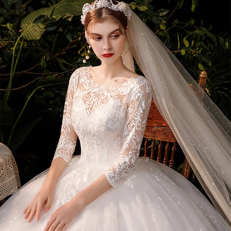 

Vintage Lace Wedding Gown For Bride Three Quarter Sleeves Long Lace Embroidery Train Bridal Gown Plus Size Vestido De Noiva