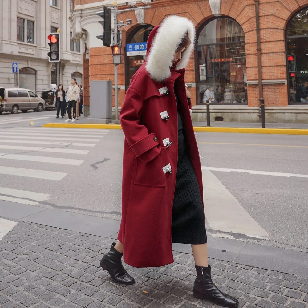 

Photo Shoot Main Push Toggle Woolen Jacket 2019 Winter New Style Retro Laziness-Style Large Fur Collar Hooded Duffle Coat