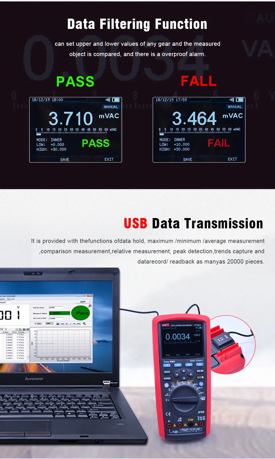 U-NIT UT181A регистрация данных 20000 Цифровые мультиметры True RMS DMM измеритель температуры емкости с перезаряжаемой батареей