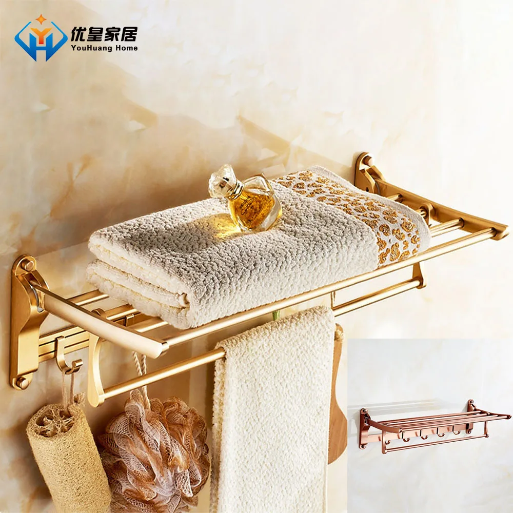 

60cm Punch-Free Bathroom Accessories Golden Space Aluminum Double-Layer Storage Rack Wall-Mounted Towel Holder With Hook