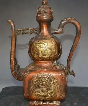 

9"China Bronze Gilt Dragon Dragons Beast kylin Kirin Chi-Lin Wine Tea Pot Flagon
