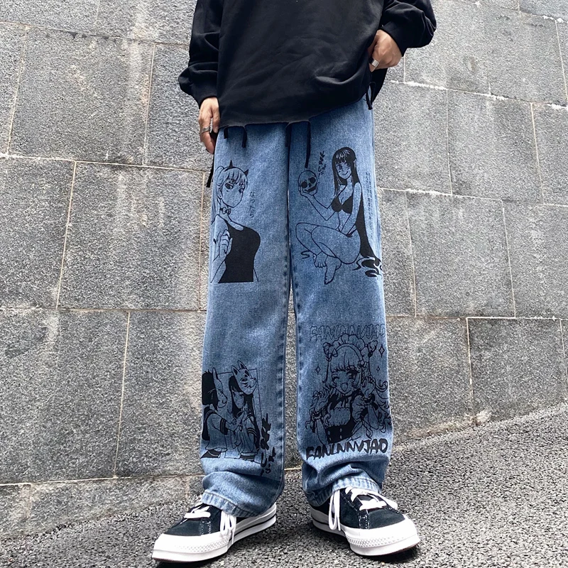 Vintage lavado Jeans mujeres Streetwear vaqueros Harajuku de dibujos animados de impresión de Anime vaqueros de moda para hombre Vaqueros de pierna ancha Pantalones de algodón