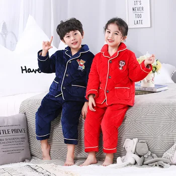 

Kids Flannel Pajamas Sets Warm Coral Fleece Girls Cartoon Embroidery Sleepwear Boys Winter Thicken Long Sleeve Pijamas Nightgown