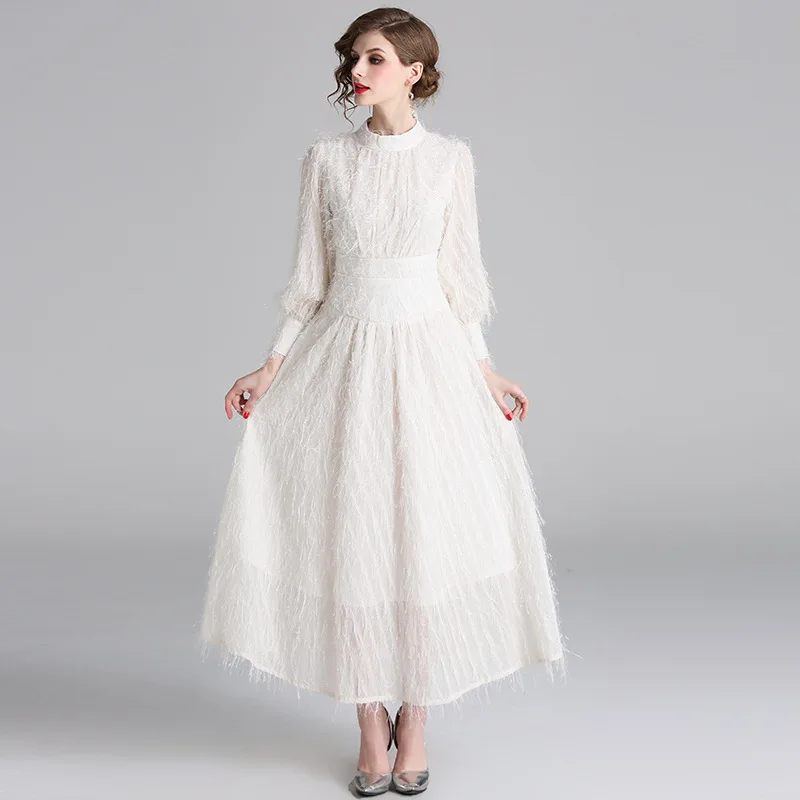 

3553-Photo Shoot Europe And America Spring Stand Collar Tassels mao mao qun Lantern Sleeve High-waisted Long Elegant Dress