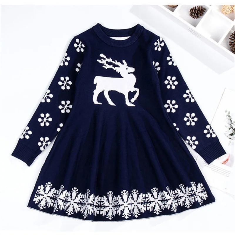 Children Girls Clothes Christmas Winter Knitted Teen Xmas Girl's Long Sleeve Sweater Dresses 5 6 7 8 9 10 11 12 13 14 Years | Детская