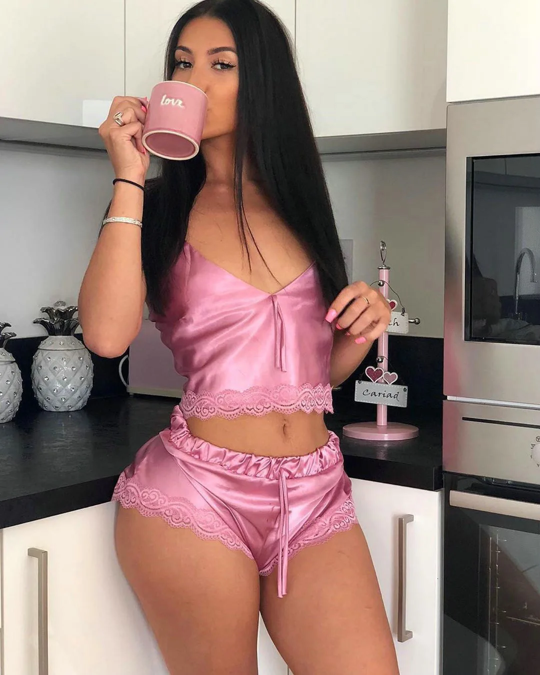 

Summer Fresh Sleepwear Camisole And Shorts Woman's Sets 2020 New 2pcs Solid Pink Color Lace Sexy Slim Tank Tops And Bottom
