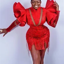 Alta pescoço babados tassel curto sereia vestidos de baile 2022 vermelho sparkly africano vestidos de festa mini cocktail noite do baile