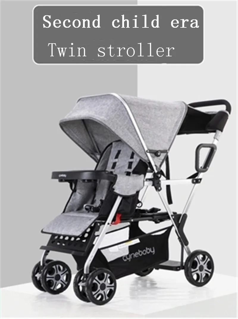 

Aluminum alloy twin front and rear seat double stroller second child shock absorber folding baby stroller can sit reclining