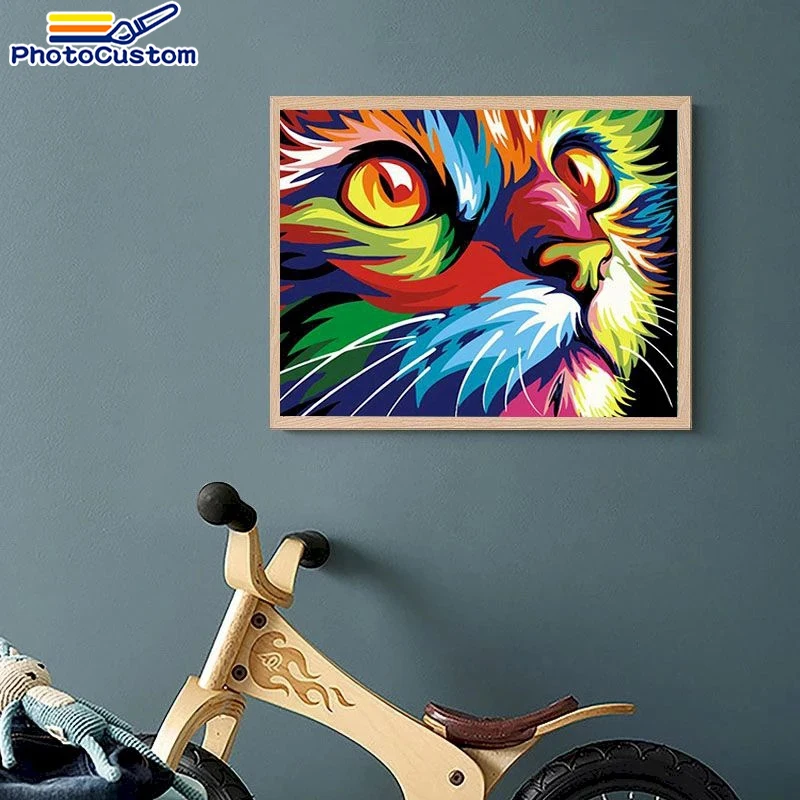 PhotoCustom DIY Paint By Numbers Animals For Adults Picture By Numbers Colorful Cat Acrylic 60x75cm Modern Home Decor