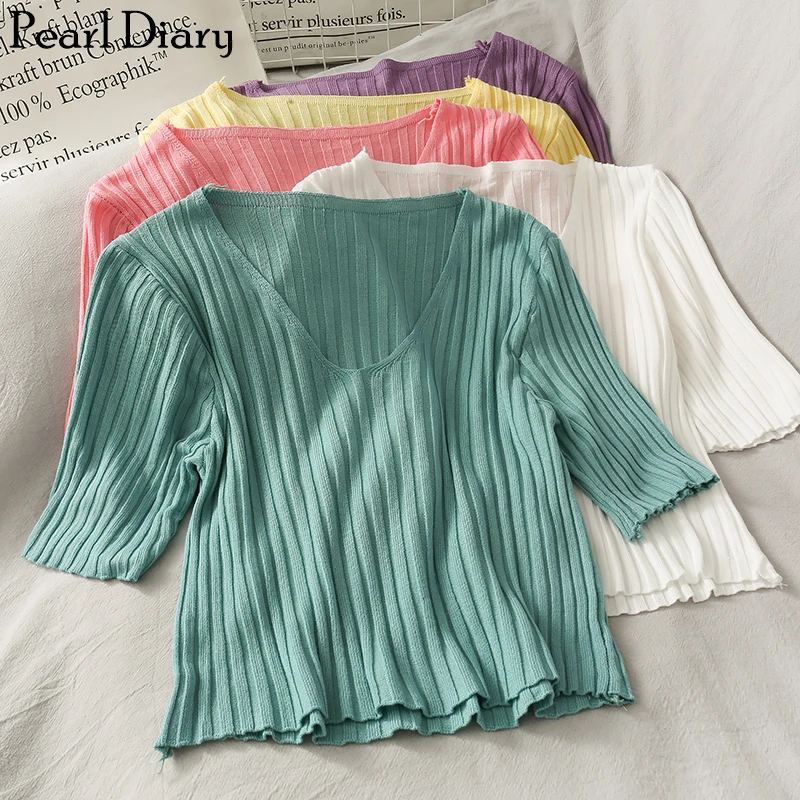 

Pearl Diary Rib Knitted Crop Top Women V Neck Fine Rib Half Sleeve Candy Color Basic Ribbed Top Summer Skinny Ribbed Knitted Top