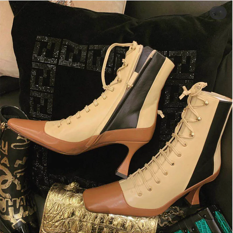 

2019 Botas Feminina Mixed Color Zapatillas Mujer Front Lace Up Women Boots Side Zipper Woman Short Booties Square Toe Shoes