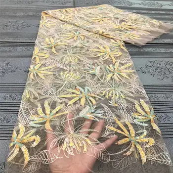

African French Flower Lace Fabric Yellow African Tulle Lace Fabric High Quality Nigeria Sequin Lace Embroidered Wedding Fabric