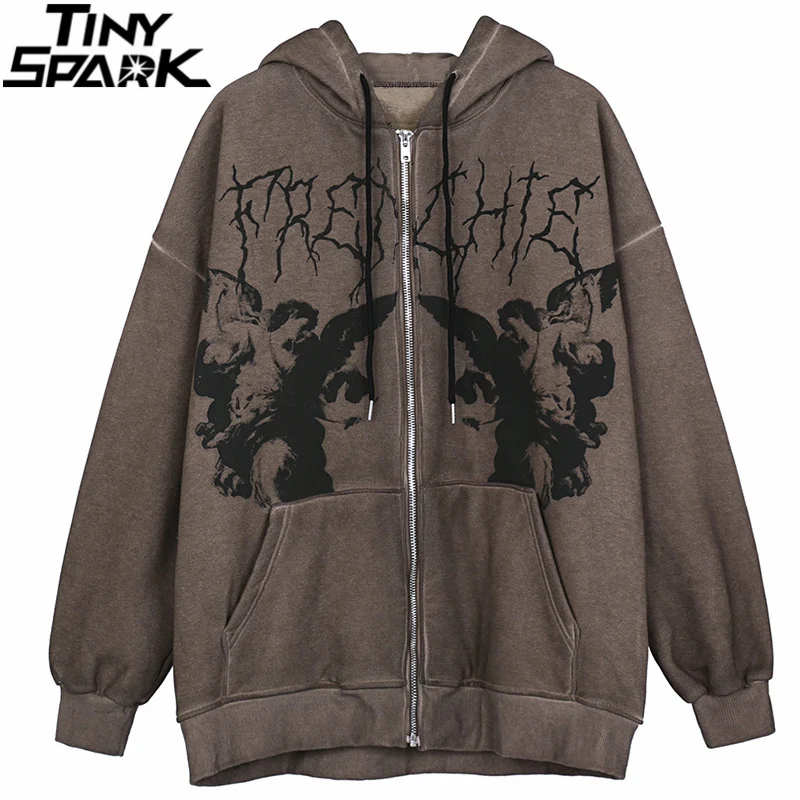 Ropa informal estilo Hip Hop con capucha para hombre, chaqueta con estampado de Ángel oscuro, abrigo Harajuku, chaqueta de lana de algodón, prendas de vestir con cremallera, Otoño e Invierno