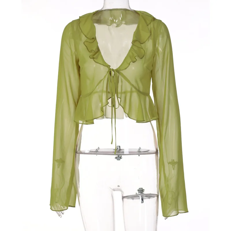 Fashion Boho Ruffle Blouse See-Through Lace V-Neck Tops For Women Long Sleeve Summer Shirt Party Beach Cropped Top 2025