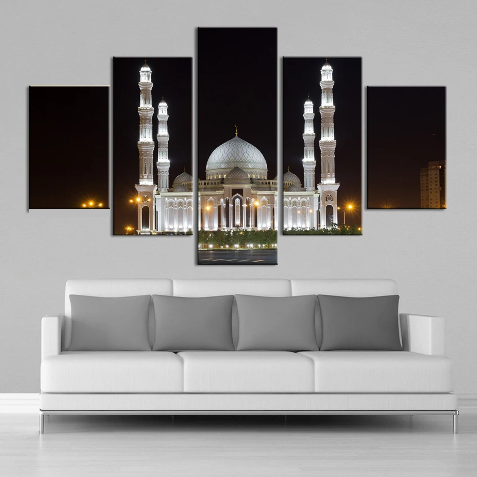 

No Framed Canvas 5Pcs Islamic Mosque Nigfht Sight Painting Wall Art Posters Prints Pictures Paintings Home Decor Decorations